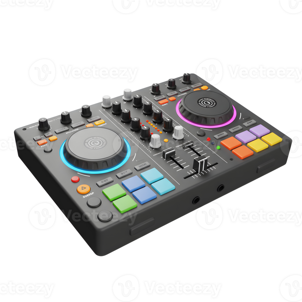 A gray DJ controller with colorful pads and knobs is used for mixing audio. png
