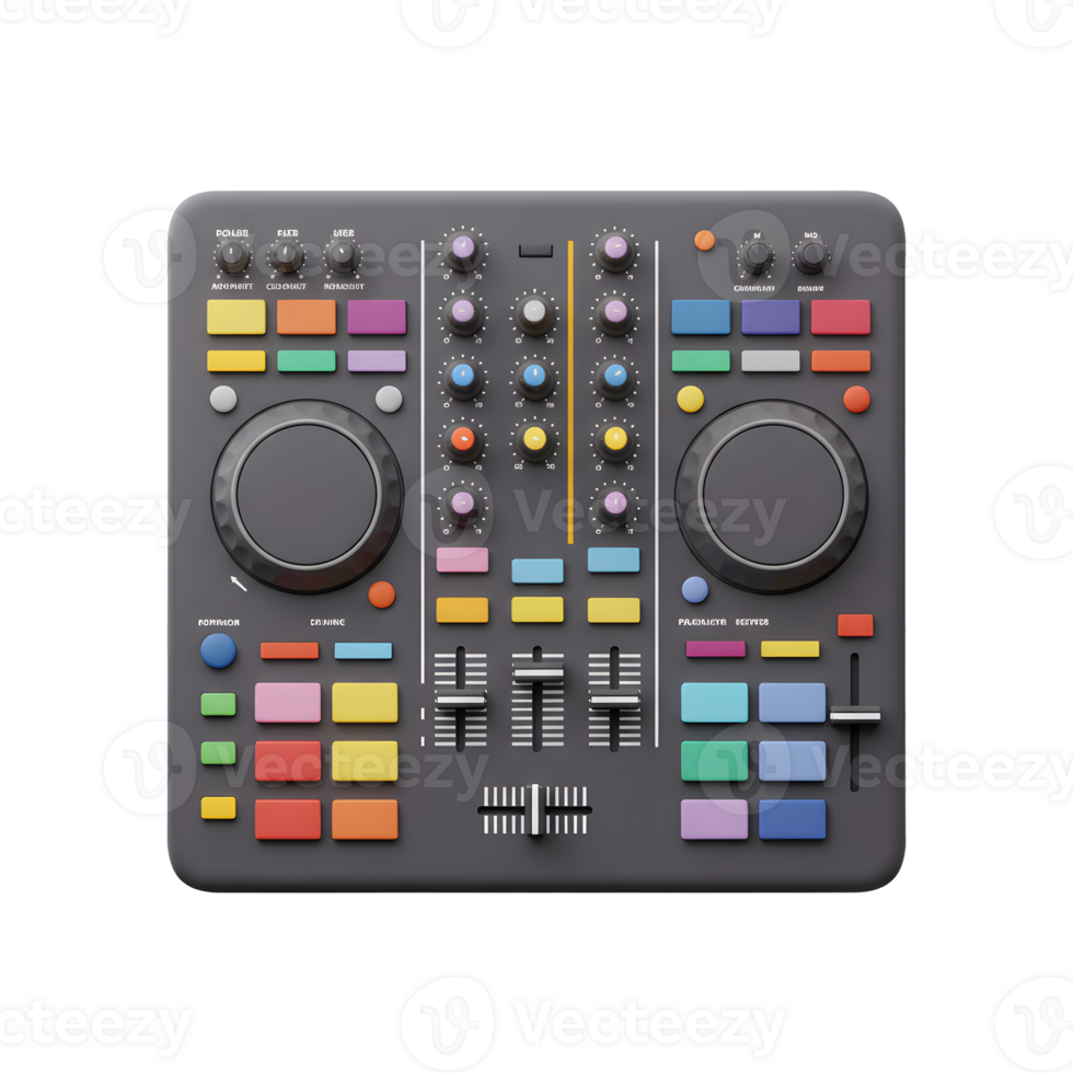 A colorful DJ mixer controller is displayed in a studio setting, which is used for mixing music tracks. png