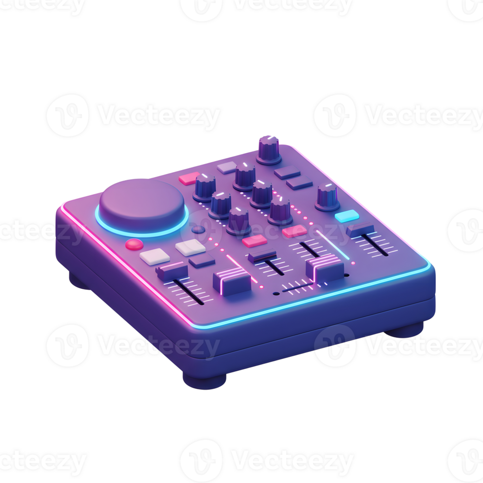 A purple neon DJ mixer controller features multiple buttons, knobs and sliders for controlling audio mixing, perfect for creating electronic music. png