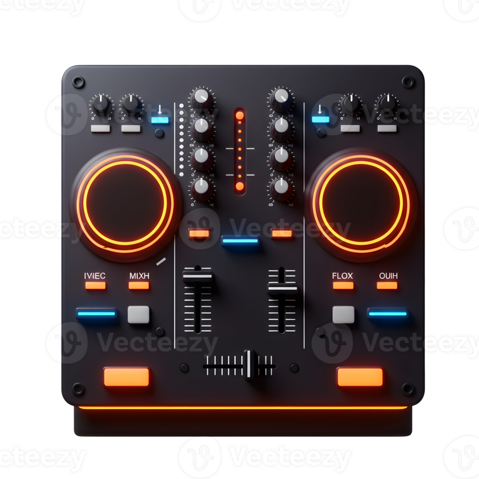 A close-up shot of a sleek black DJ mixer featuring numerous knobs, buttons, sliders, and glowing orange and blue accents, used for professional music mixing. png