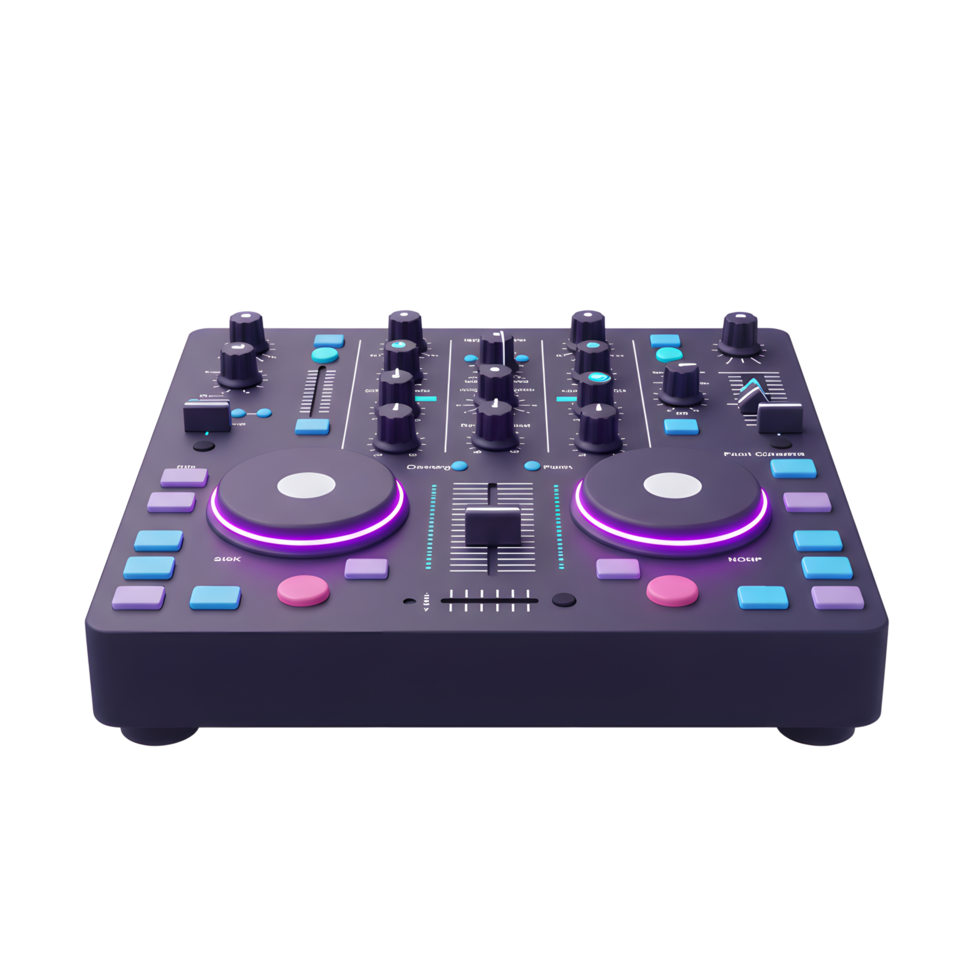 A DJ mixer is displayed with various buttons and knobs on a white background, perfect for producing music and mixing sound. png