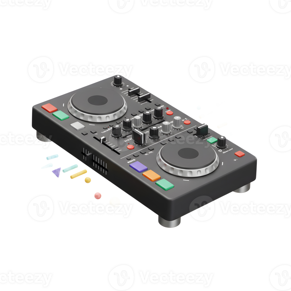 This is an image of a black DJ mixer turntable surrounded by colorful shapes, often used by DJs to create music. png