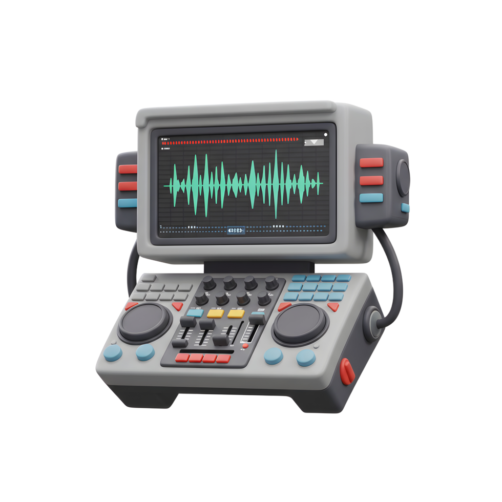 A 3D rendering of an audio mixer with a screen displaying a waveform, showcasing the equipment used for sound mixing and manipulation. png