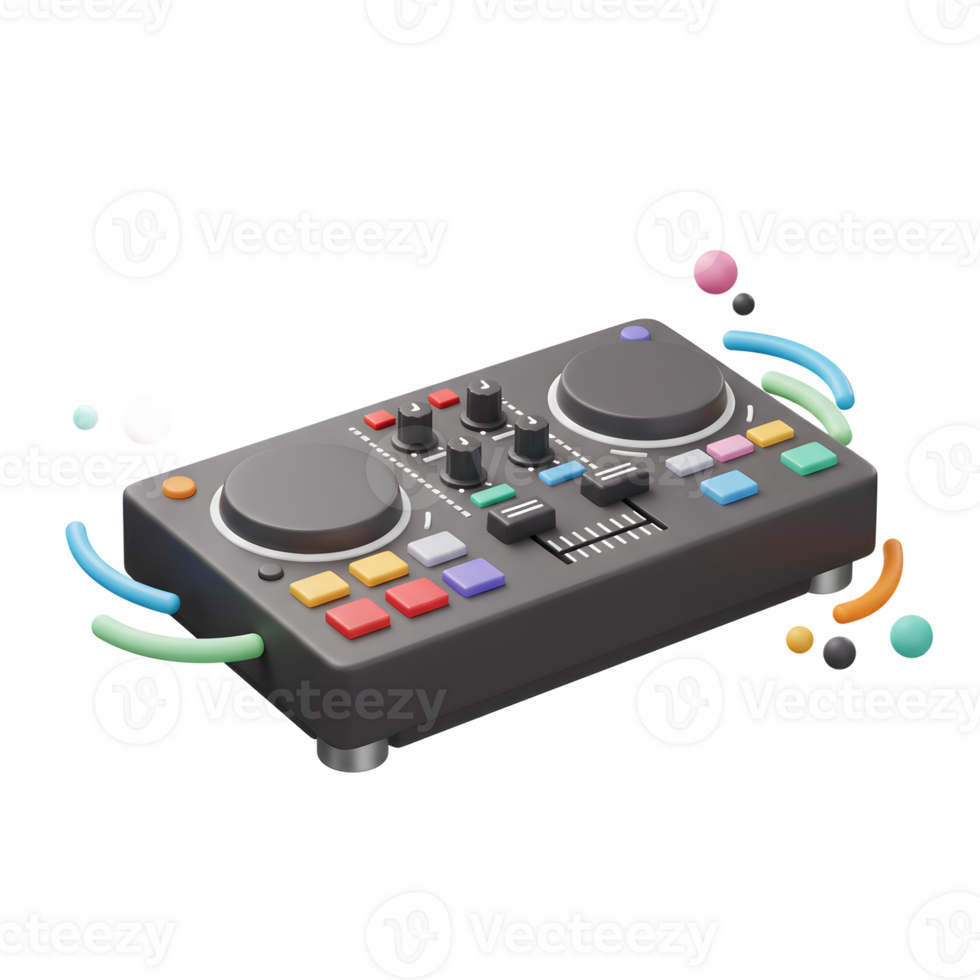 A stylized DJ mixer controller features various knobs, buttons, and a slider, ideal for music creation and performance. png
