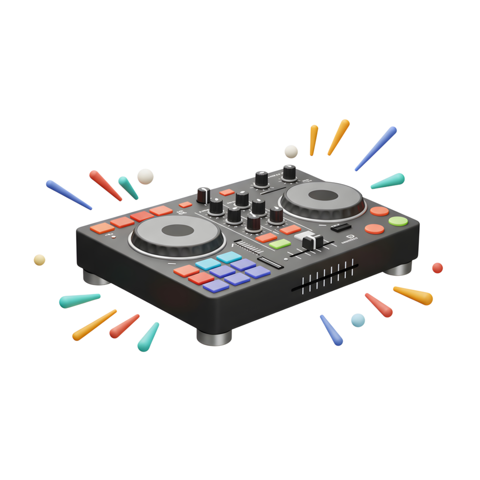 A dark gray DJ mixer featuring colorful buttons, sliders, and knobs is surrounded by abstract shapes, creating a dynamic image for use in music production. png