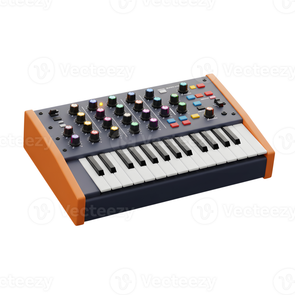 A gray synthesizer with colorful knobs and buttons sits against a white background, perfect for creating electronic music. png