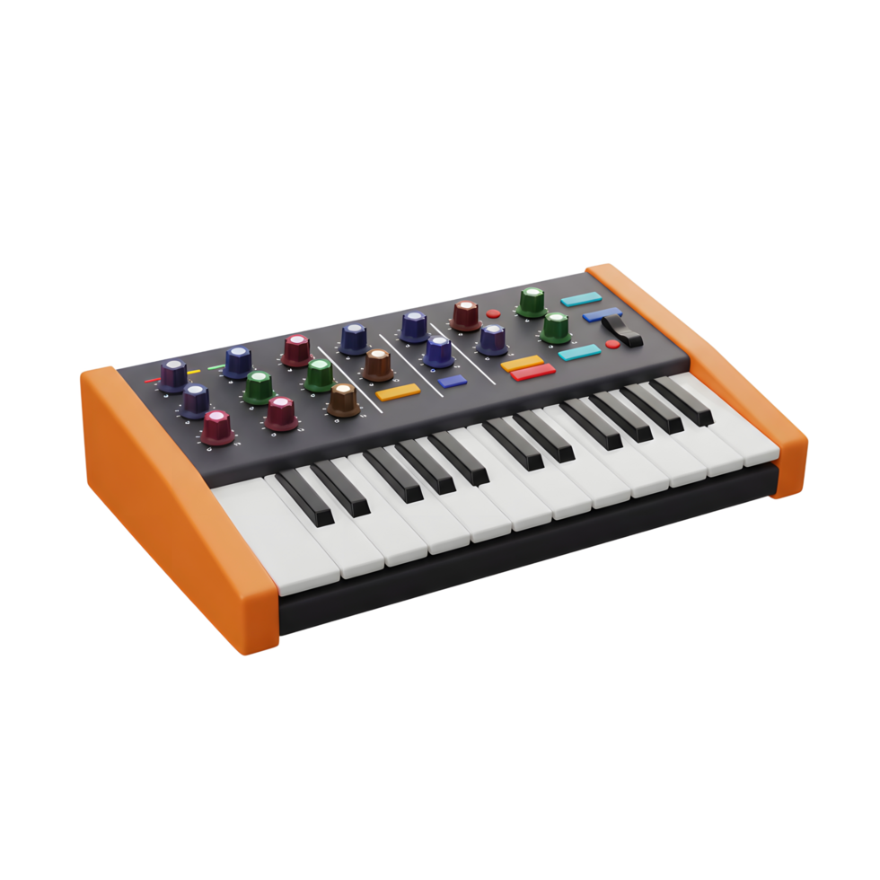 A colorful synthesizer with keys and knobs sits isolated against a white background, suitable for electronic music production. png