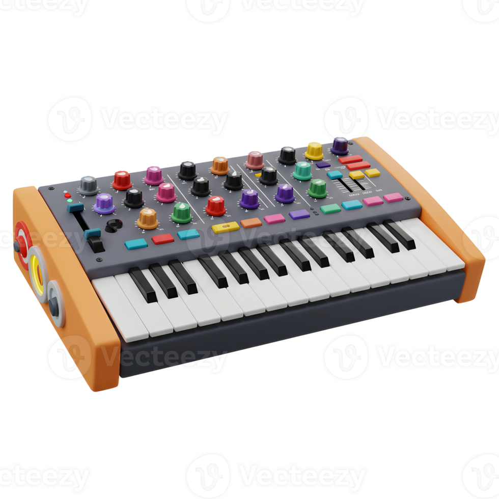 A synthesizer featuring colorful knobs, switches and keys can be used for music production and electronic music composition. png