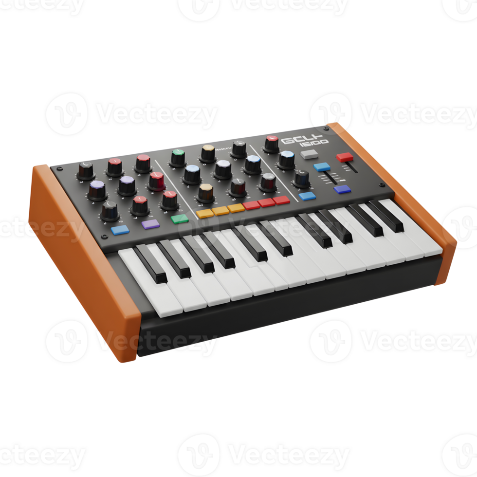 A synthesizer is a musical instrument with black and white keys, knobs, and sliders for creating electronic sounds, which can be used for music production and live performances. png