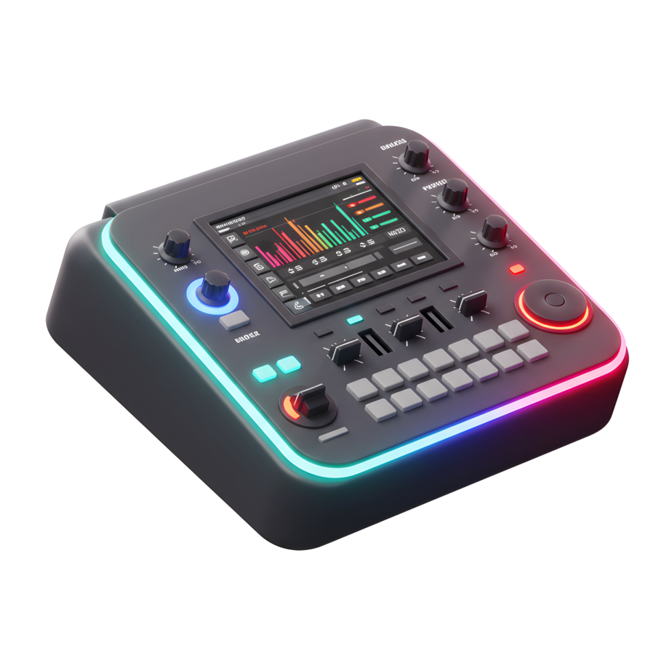 A black audio mixer is shown with illuminated controls, faders, buttons, and a display for controlling audio output. png