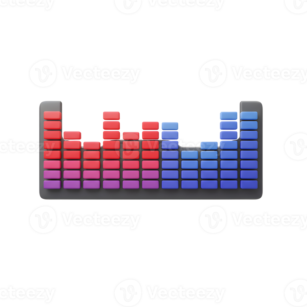 An audio equalizer with gradient bars from red to purple to blue can be used to represent sound levels. png