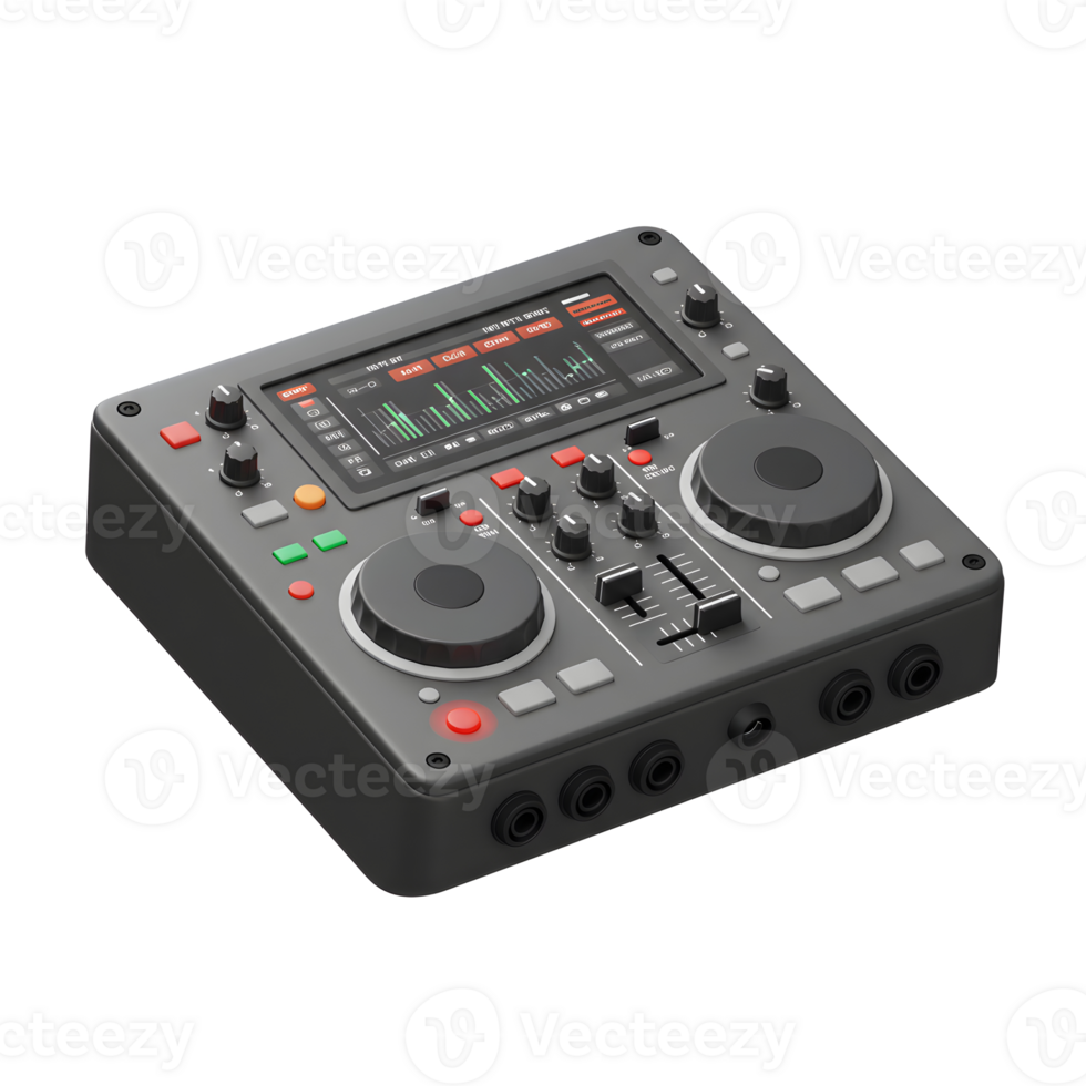 A gray DJ mixer features a screen display, knobs, buttons, and sliders and is a digital interface and has audio ports, making it ideal for music production and live performances. png