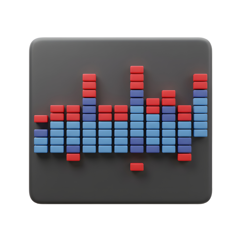 A 3D render of a simple equalizer with red and blue bars, on a grey square platform, is used for visual representation of audio levels. png
