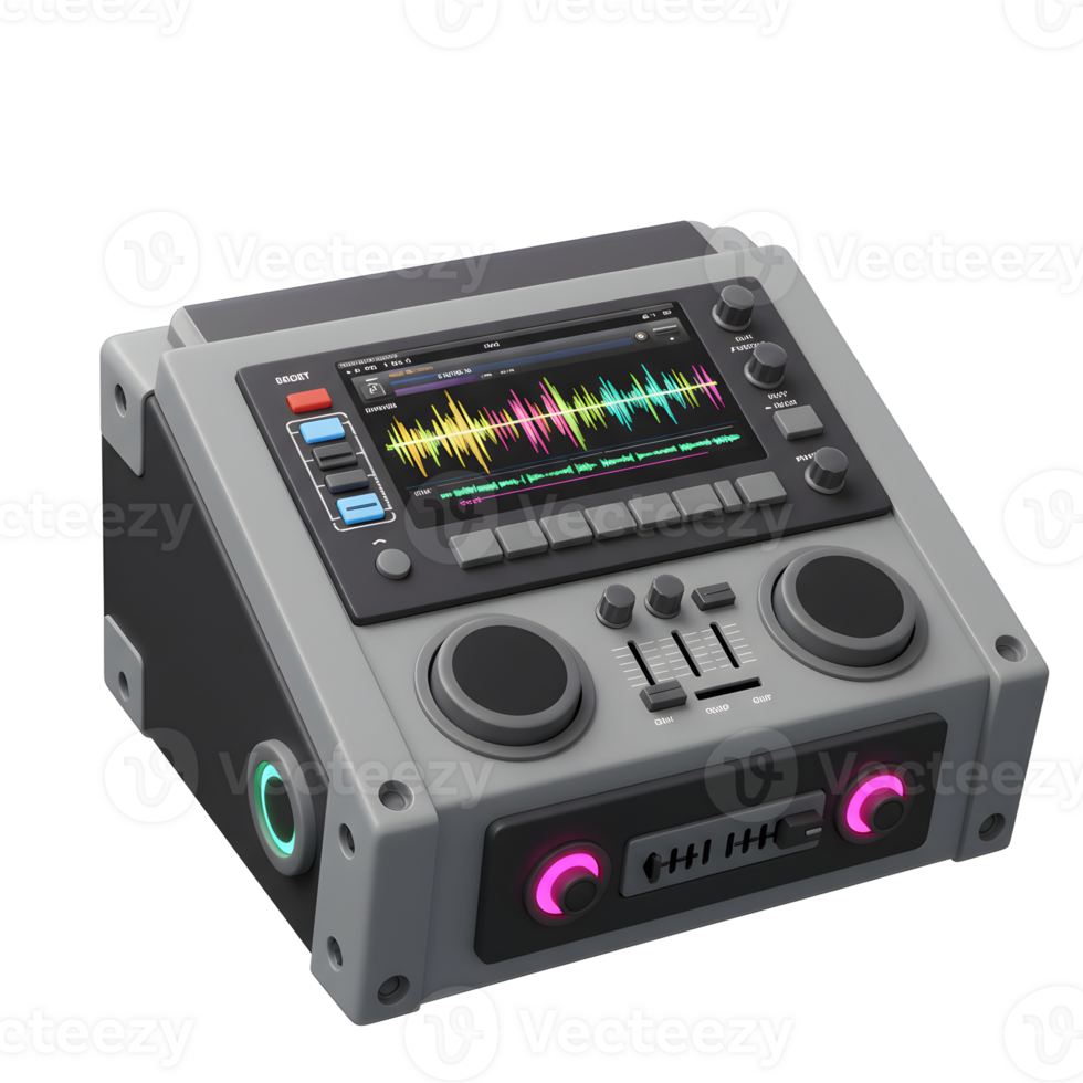 A gray audio mixing device features a colorful screen, buttons, knobs, and sliders, making it suitable for studio music production. png
