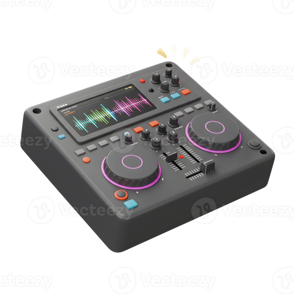 A gray DJ mixer featuring multiple knobs, a display screen, two jog wheels and sliders, is used for music production and live performances. png