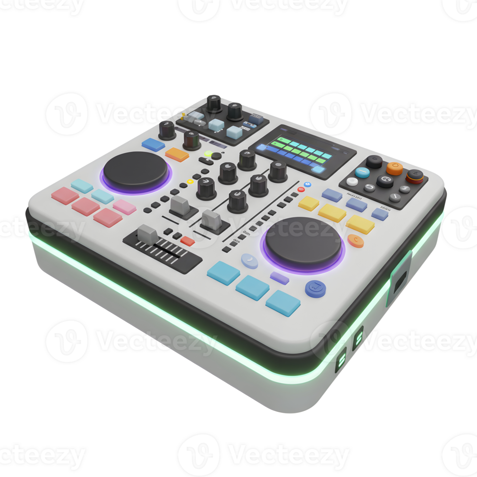 This DJ controller features knobs, buttons, sliders, and a screen for controlling music and creating mixes, making it suitable for music production. png