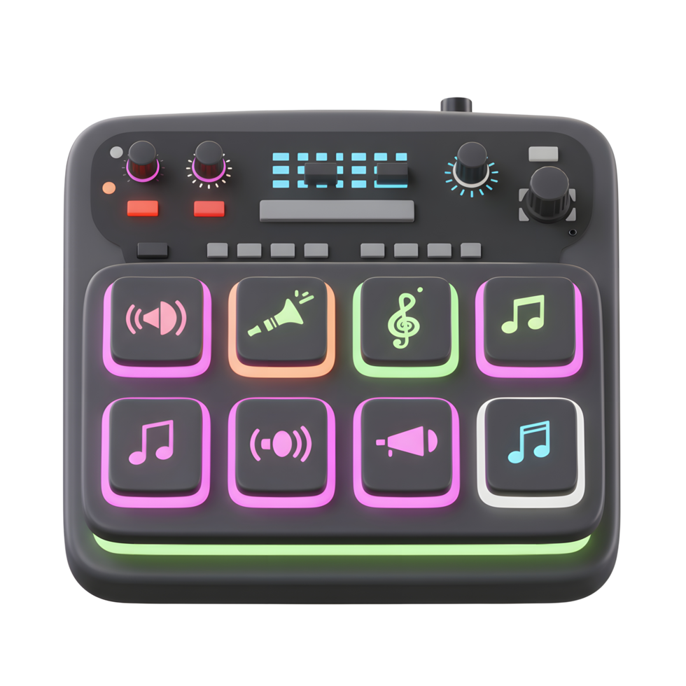 A black soundboard with colorful icons on its buttons and knobs is featured, making it useful for music production. png