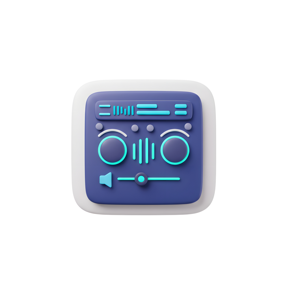 A blue and white audio equalizer icon features volume control, sound level display, and a slider to change settings for different audio purposes. png