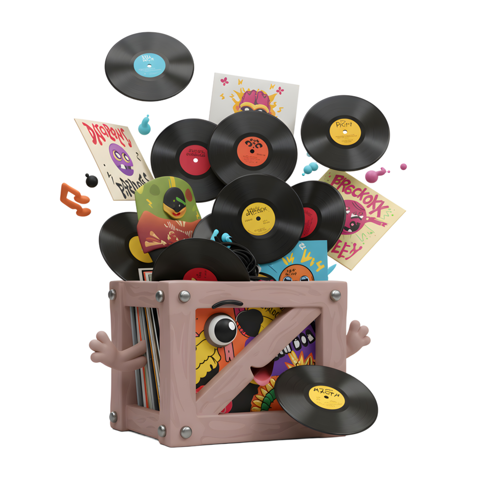 A wooden crate filled with various vinyl records and album covers is playfully styled as a cartoon character, complete with eyes and a smile, for entertainment purpose. png