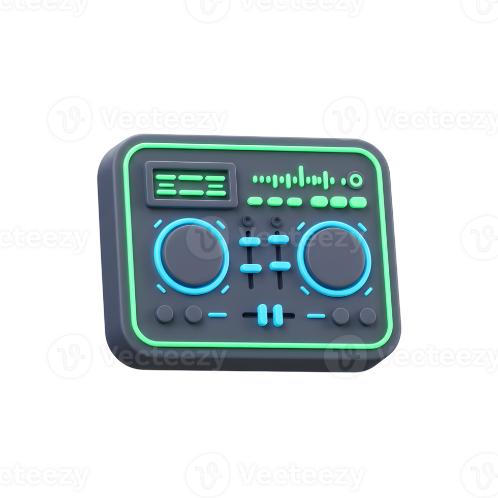 A 3D render of a DJ mixer with knobs and sliders is a modern digital tool used for music production and performance. png