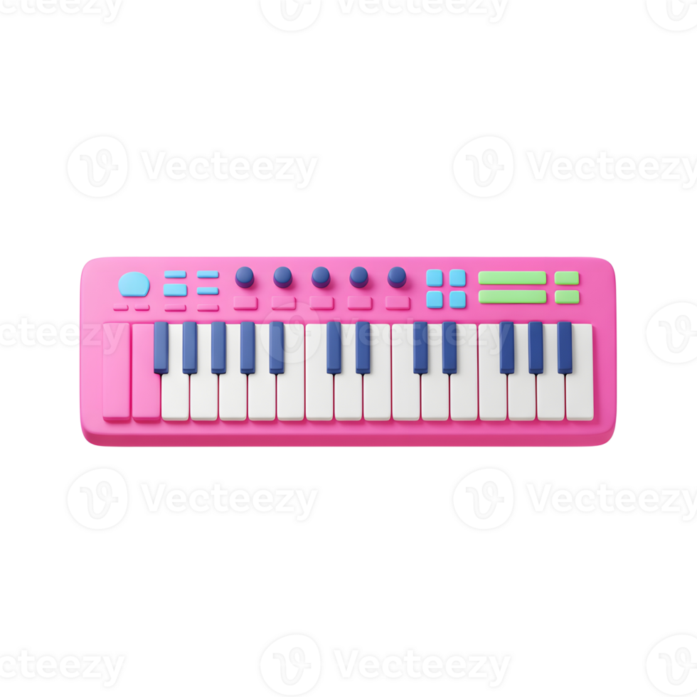 A pink toy piano keyboard is shown, with blue and green accents, commonly used for entertainment and musical creativity. png