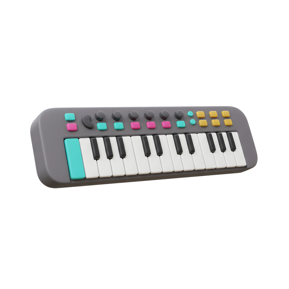 A gray synthesizer keyboard with colorful knobs and keys is shown in a 3D rendering, perfect for creating electronic music. png