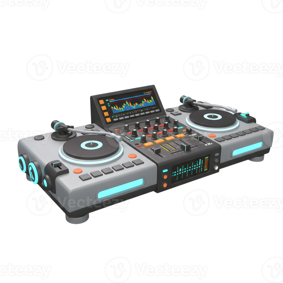 A futuristic audio mixer with turntables shows a sleek design, presenting a modern tool for music production. png