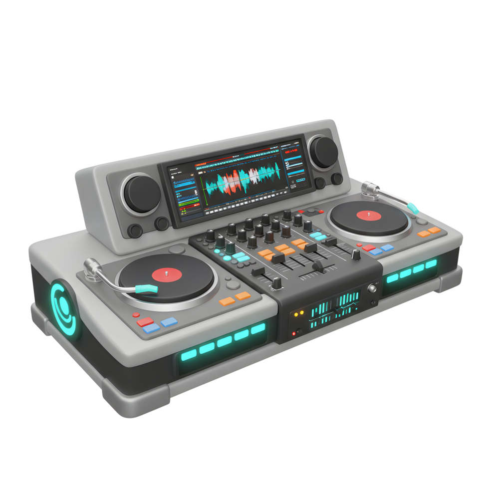 A grey dj mixer with a screen, knobs, sliders and two turntables is shown for making electronic music. png