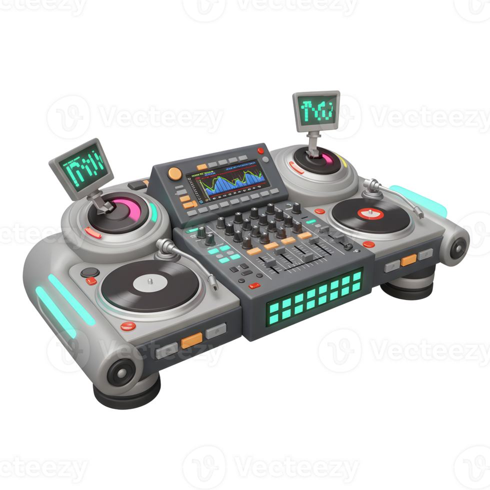 This 3D rendering shows a futuristic DJ mixer turntable machine with monitors, sliders, and buttons, which can be used for music production. png