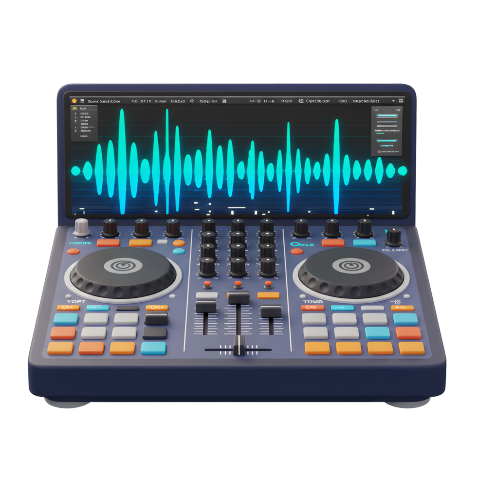 A detailed DJ mixer features two turntables, numerous knobs, sliders, buttons and an equalizer with a visualized sound wave, showcasing its functionality for creating music. png