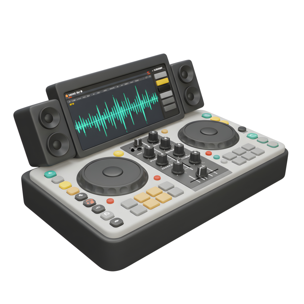 A DJ mixer is shown with a screen displaying waveforms and small speakers on each side, likely used for music mixing. png