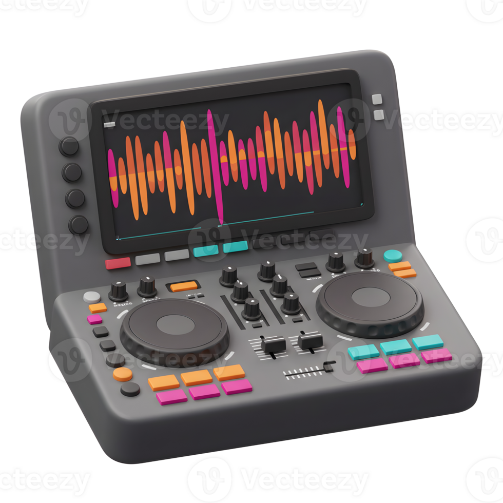 DJ deck displays an orange and pink waveform on its screen, complete with various knobs, buttons, and sliders for controlling the music. png