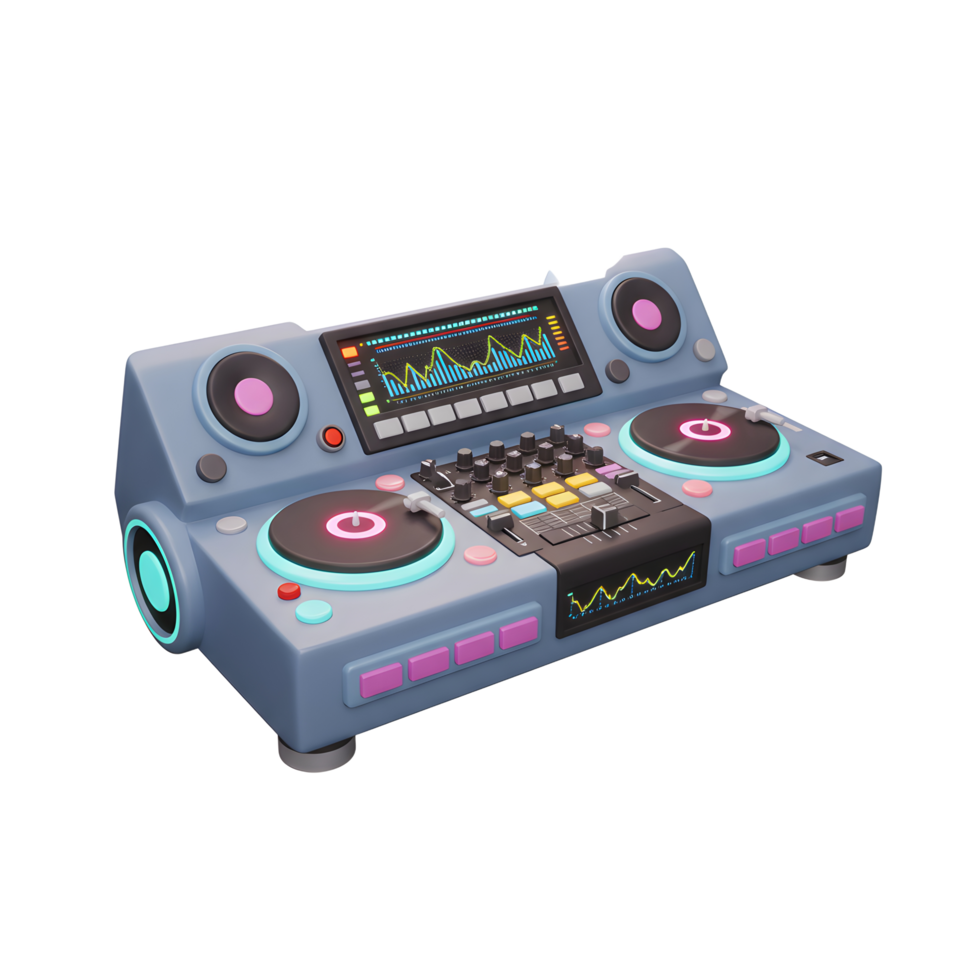 A stylish grey DJ mixer with illuminated display, turntables and controls is pictured, suitable for mixing music. png