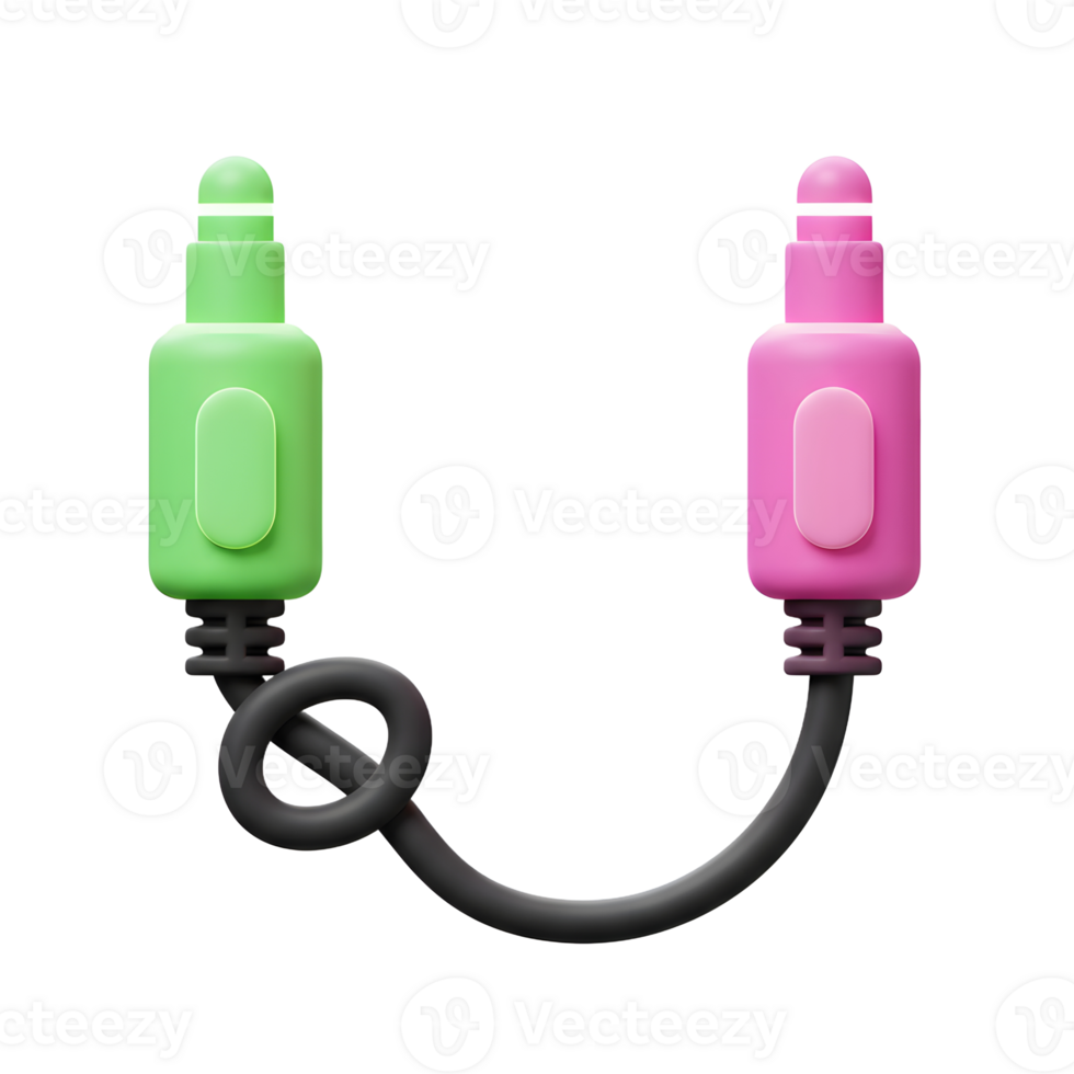 A black audio cable connects two audio connectors, one in green and the other in pink, commonly used to connect audio devices. png