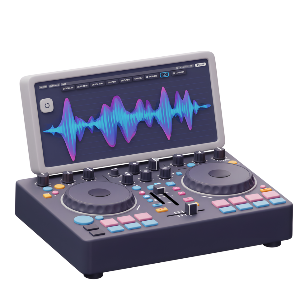 A digital DJ controller with a display showing a waveform, featuring knobs, buttons, and faders, is used for music mixing and creating sound effects. png
