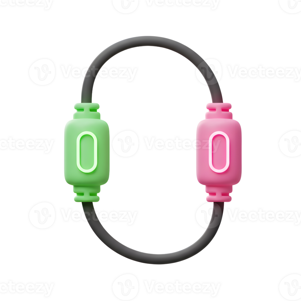 A gray cable with a green plug on one end and a pink plug on the other connects them together for data transfer or powering electronics. png