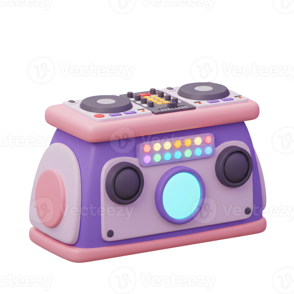 A cartoon DJ mixer is rendered in 3D with colorful elements and a fun design, perfect for music-related content. png
