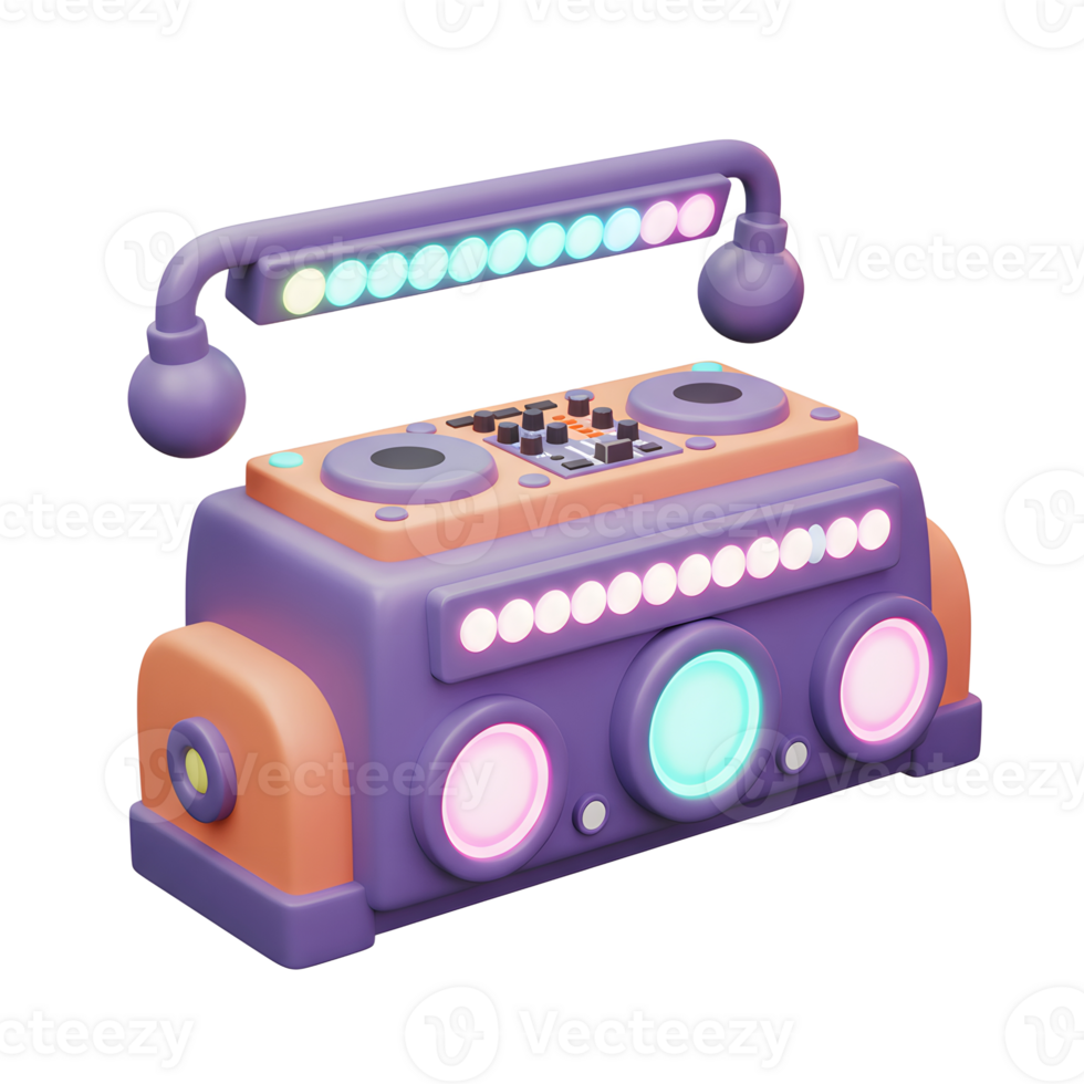 A vibrant and stylized boombox features colorful lights and a retro design, making it ideal for music listening and creating a fun atmosphere. png
