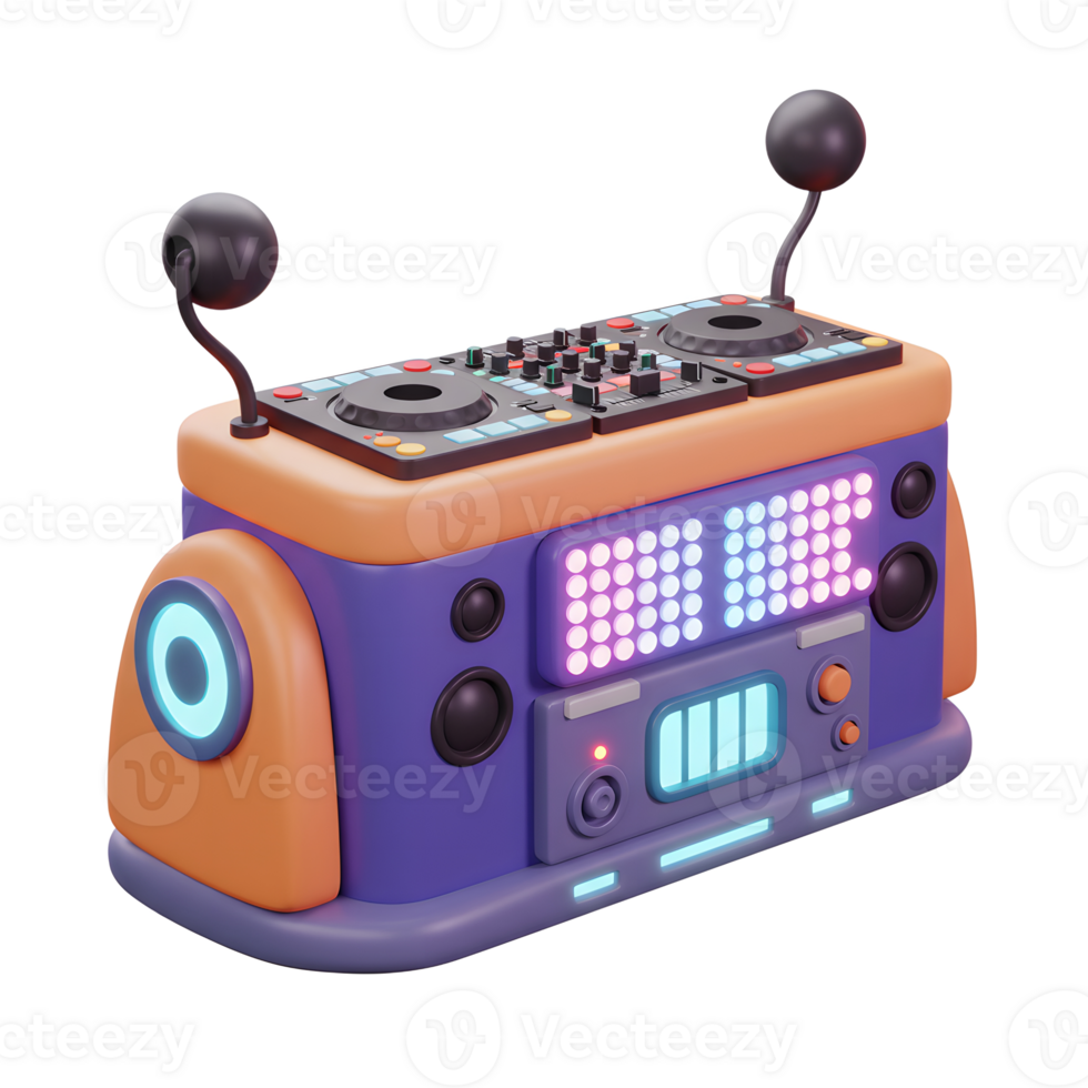 Cartoon DJ music mixer with speakers and lighting is useful for mixing music or entertainment. png