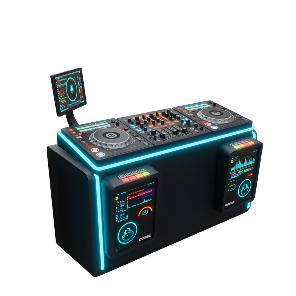 A modern DJ console with digital screens and multiple controls is designed for music mixing and audio manipulation. png