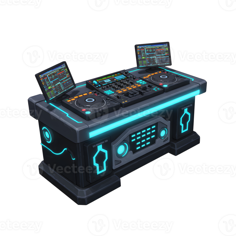 A futuristic-looking DJ setup with turntables, a mixer, and screens glows with cyan lighting, ideal for creating electronic music. png