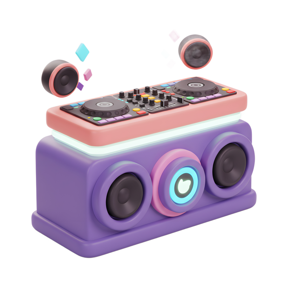 A cartoon style dj mixer with speakers is rendered in 3D with blue and pink accents for entertainment purposes. png