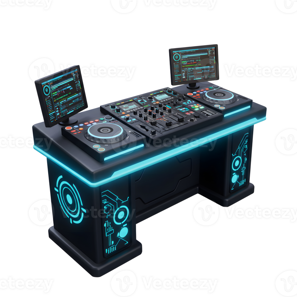 This black DJ setup includes a mixer, two turntables, and two computer screens and can be used for mixing music at a party or in a club. png