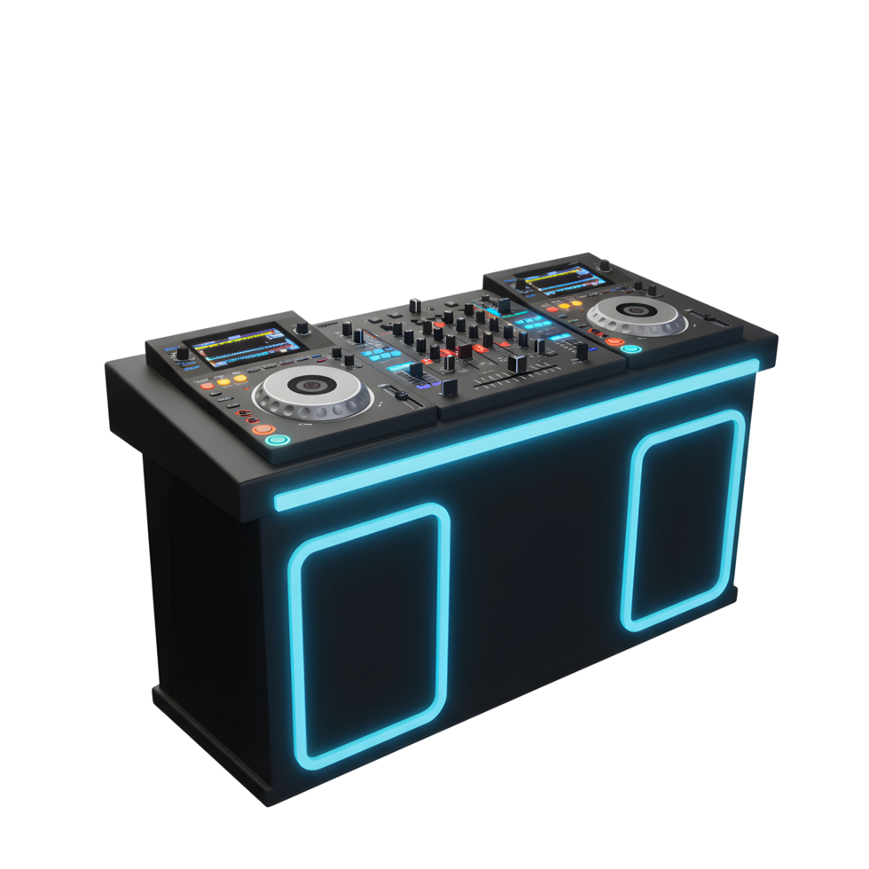This sleek DJ mixer console features vibrant neon lighting and various controls, perfect for music production and live performance. png