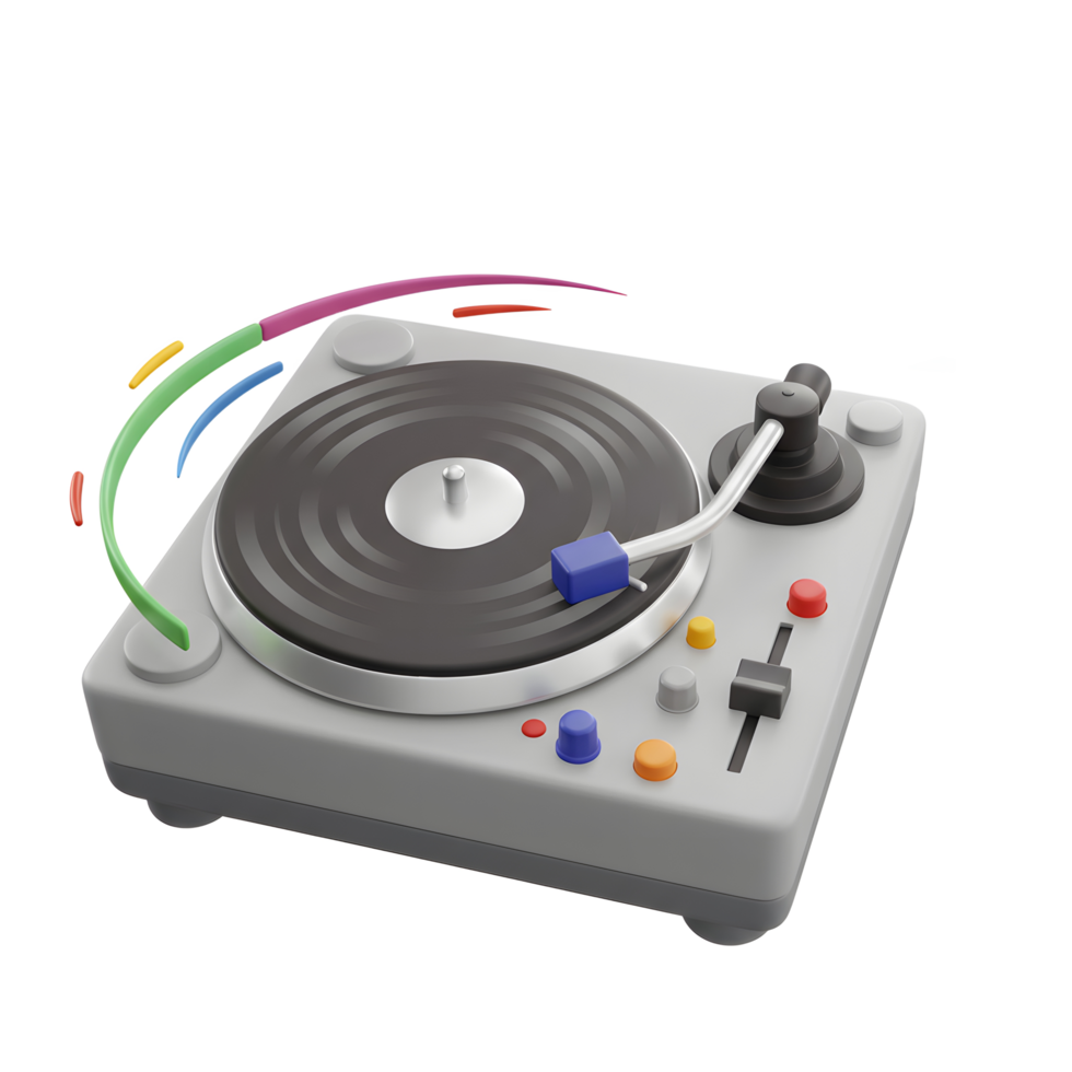 A turntable plays a black vinyl record with colorful accents creating a dynamic music atmosphere that can be used for artistic projects or audio-related content. png