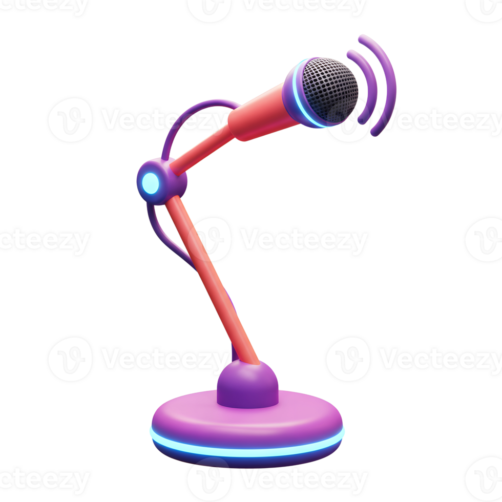 A cartoon microphone on a stand is displayed with sound waves around the head, typically used for podcasting or broadcasting. png