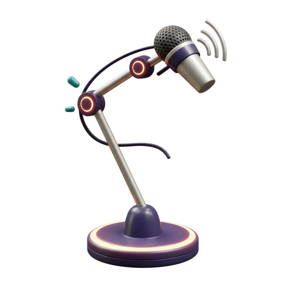 This is a 3D rendering of a microphone on a stand, emanating sound waves, ideal for illustrating communication or recording purposes. png