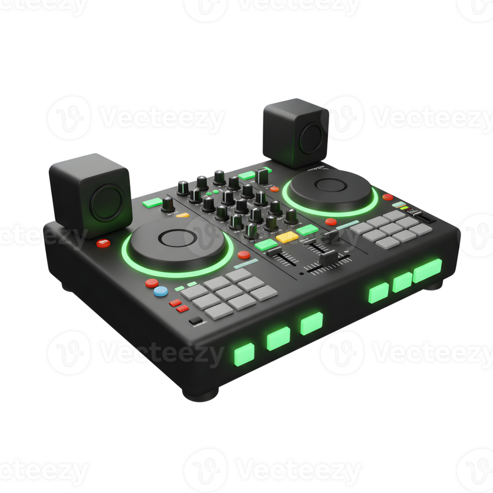 A black DJ controller with two speakers features glowing green accents and multiple buttons and knobs, perfect for mixing music. png