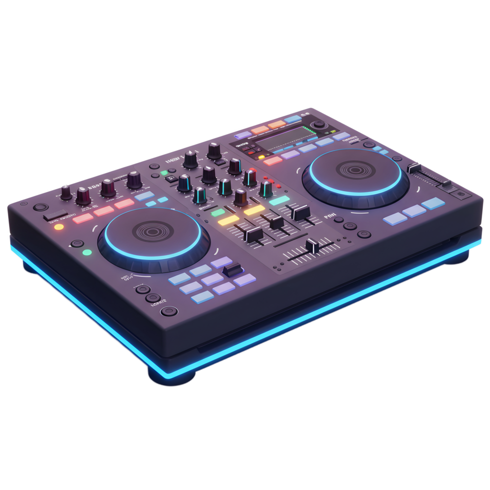 An electronic DJ mixer is illuminated with glowing lights, creating a modern and futuristic aesthetic that is perfect for electronic music production and live performances. png