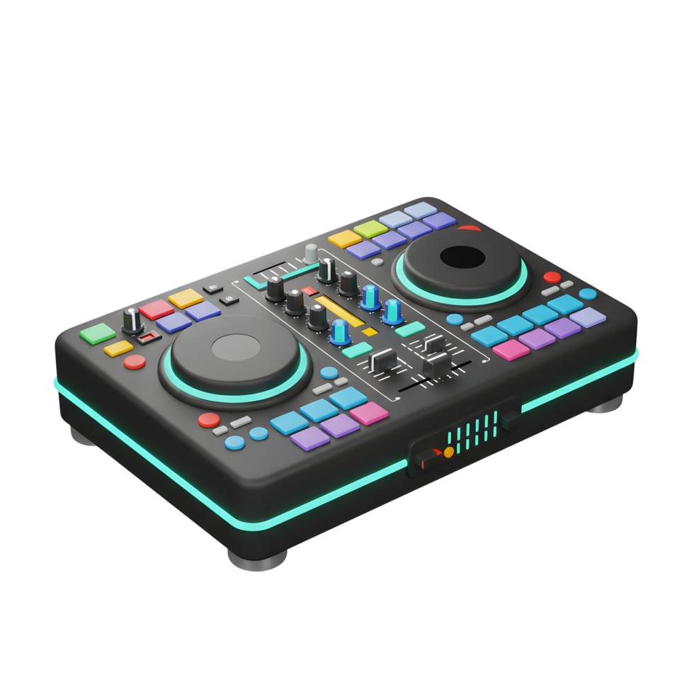 A black DJ mixer with colorful buttons and knobs can be used for creating music and DJing. png